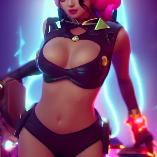 Prompt: still of pretty Sona (League of Legends) in KDA music video. 3d render, octane render, game art, realistic, highly detailed, trending on artstation, 4k, trending on artstation, pixar, cgsociety, unreal engine 5, redshift render, trending on artstation, blender, behance, cg