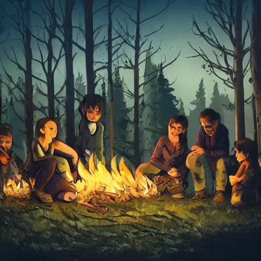 Prompt: realistic landscape of a post apocalyptic family, huddled around a small fire next to a lake, rule of thurds