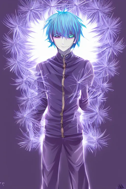 Image similar to cyan glowing luminescent dandelion male anime character, symmetrical, highly detailed, digital art, sharp focus, trending on art station, purple eyes, beautiful colours