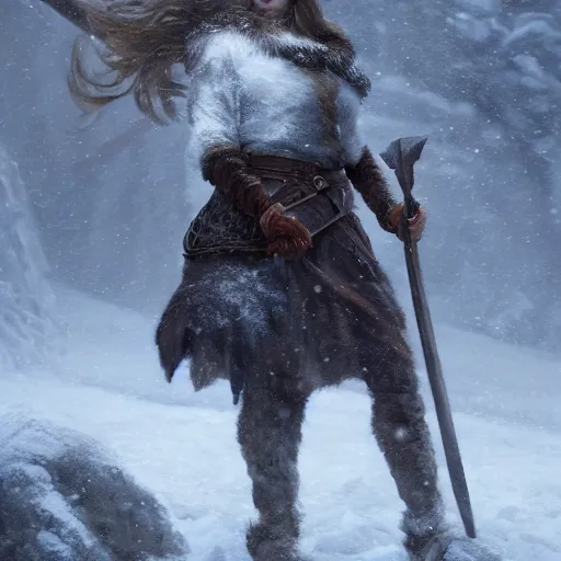 Prompt: an portrait of an female viking in blizzardy landscape, Matte painting , detailed painting, made by Greg Rutkowski, 4k resolution, atmospheric, breathtaking