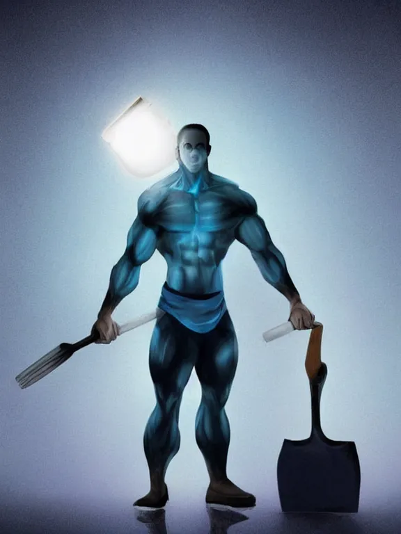 Image similar to portrait art of a muscular man with light blue skin and glowing eyes, wearing a dark blue outfit with now sleeves, fingerless gloves, black shoes. He is carrying a large shovel!!!!!!. around his neck is a glowing light blue vial, 8k ultra realistic , lens flare, atmosphere, glow, detailed, intricate, full of colour, cinematic lighting, trending on artstation, 4k, hyperrealistic, focused, extreme details, unreal engine 5, cinematic, masterpiece