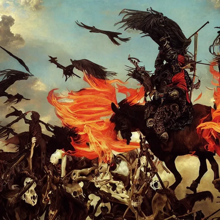 Prompt: horsemen of the apocalypse, bones, skulls, smoke, a flock of crows, snakes, smoke, flames, full-length, oil painting in a renaissance style , very detailed, red background, painted by Caravaggio, Greg rutkowski, Sachin Teng, Thomas Kindkade, Alphonse Mucha, Norman Rockwell, Tom Bagshaw.