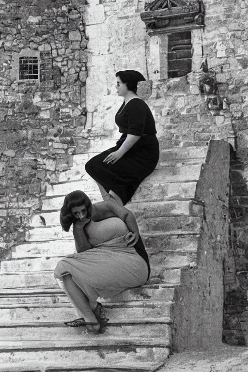 Prompt: plus - sized woman sitting on the stairs of a medieval building, summer, nature, natural light, forest setting, 1 9 6 0 s art, neo - renaissance, photo collage, by tom wesselman, by mel ramos, by martial raysse, by antonello de messina, by jim silke