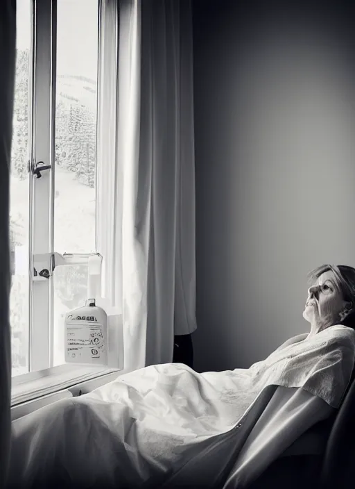 Image similar to medium shot, photo of a beautiful 4 0 year old woman hospital patient sitting in a norwegian hospital room, wearing a hospital gown, with an iv drip, looking out window. studio lighting, 3 5 mm, by charlie waite, max rive, caroline foster.