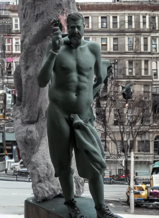 Prompt: Gavin McInnes sculpted by Michaelangelo, sigma male, behind him is an artwork of New York city, cinematic, award winning