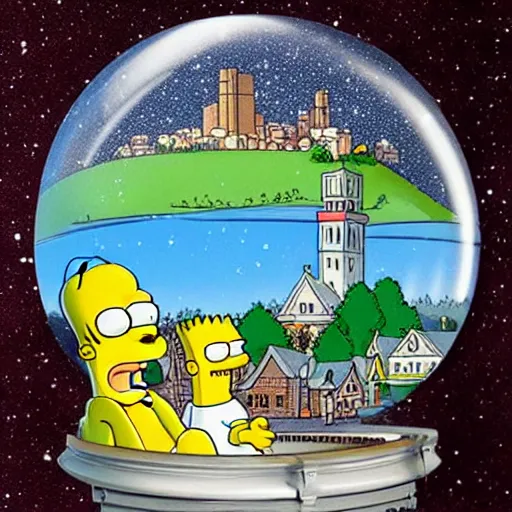 Image similar to the town of springfield from the simpsons in a beautiful photo-realistic snowglobe