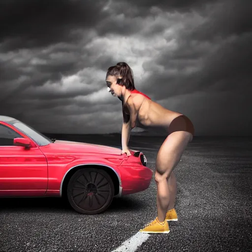 Prompt: car, bodybuilder, woman, weightlifting, toy, road, photo, digital art