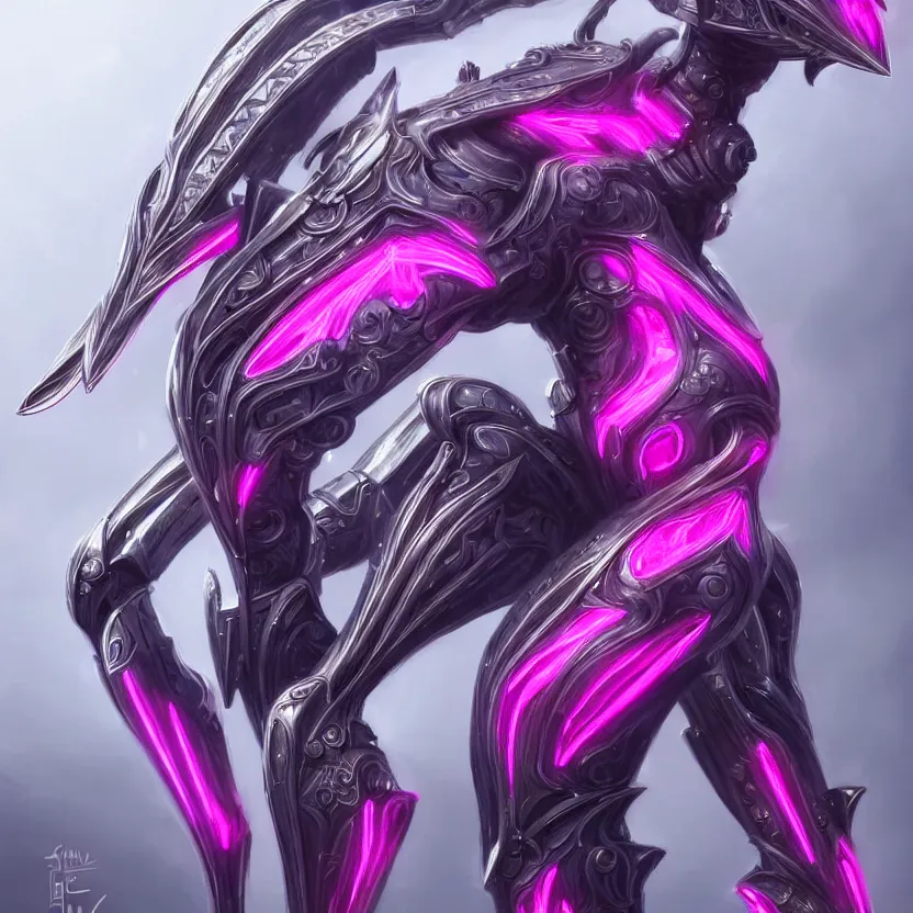 Image similar to highly detailed exquisite fanart, of a beautifulfemale warframe, but as an anthropomorphic robot dragon, shiny white silver armor engraved, Fuchsia skin beneath the armor, sharp claws, long tail, robot dragon hands and feet, elegant pose, close-up shot, full body shot, epic cinematic shot, professional digital art, high end digital art, singular, realistic, DeviantArt, artstation, Furaffinity, 8k HD render