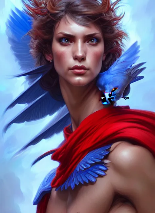 Image similar to portrait of aggressive pigeon humanoid, d & d, muscular! blue and red, fantasy, intricate, elegant, highly detailed, digital painting, artstation, concept art, smooth, sharp focus, illustration, art by artgerm and greg rutkowski and alphonse mucha