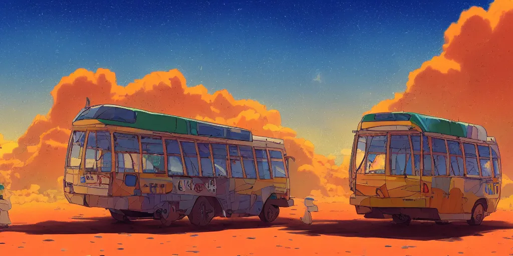 Image similar to an israeli egged bus driving in the negev, noon, sunlights, wide shot, digital art, ghibli style, vivid colors, flat colors, trending on artstation, high quality