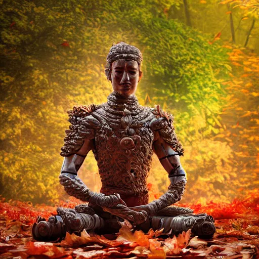 Image similar to warrior, wearing stone wood vines led diode armor, sitting in lotus position by tall tree with red and orange autumn leaves, meditation, highly detailed, dramatic lighting, night time, cinematic, sci - fi, hyperrealistic, detailed