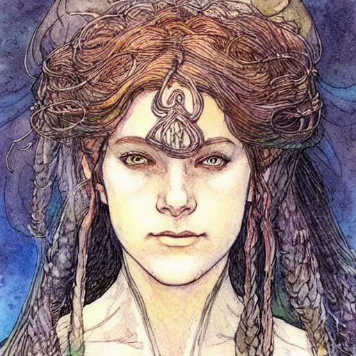 Image similar to a beautiful and very detailed character concept watercolour portrait of sanna!!!!! marin!!!!!, the young female prime minister of finland as a druidic wizard by alan lee, rebecca guay, michael kaluta, charles vess and jean moebius giraud