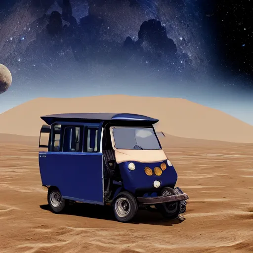 Image similar to a dark blue bajaj tuk tuk traveling on the surface of the moon, moon craters, night sky, milky way, hard lighting, matte painting, concept art, 4k