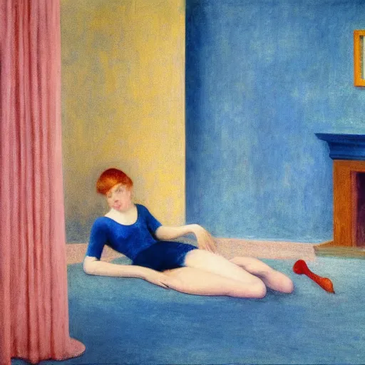 Image similar to a young girl in a blue golden room, film still by edward hopper, by Bosch, by klimt, art noveau, highly detailed, strong lights, liminal, eerie, Bright pastel colors