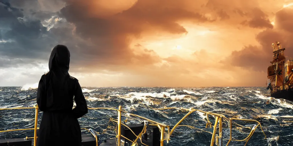 Image similar to medieval woman ship pilot from behind standing at the bow of a ship at sea, dramatic dark glowing golden neon sunset with thick wall of storm clouds and turbulant seas with land in the distance