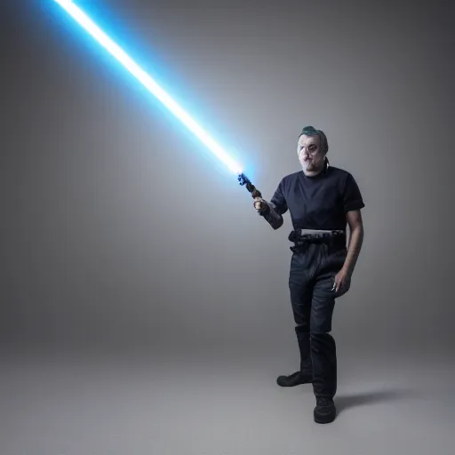 Prompt: a man holding a real life lightsaber in a dark room, 4k, high detail, high-resolution photograph, professional photography, ultra-detail