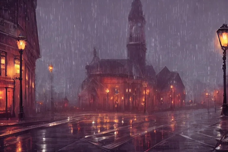 Prompt: beautiful serene victorian city, a lovecraftian monster in the background, gaslight, rain, low angle, wide angle, artstation