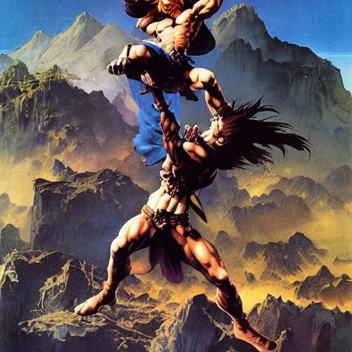 Prompt: crono stands atop a mountain of as marle and ayla clutch his legs, epic painting by frank frazetta