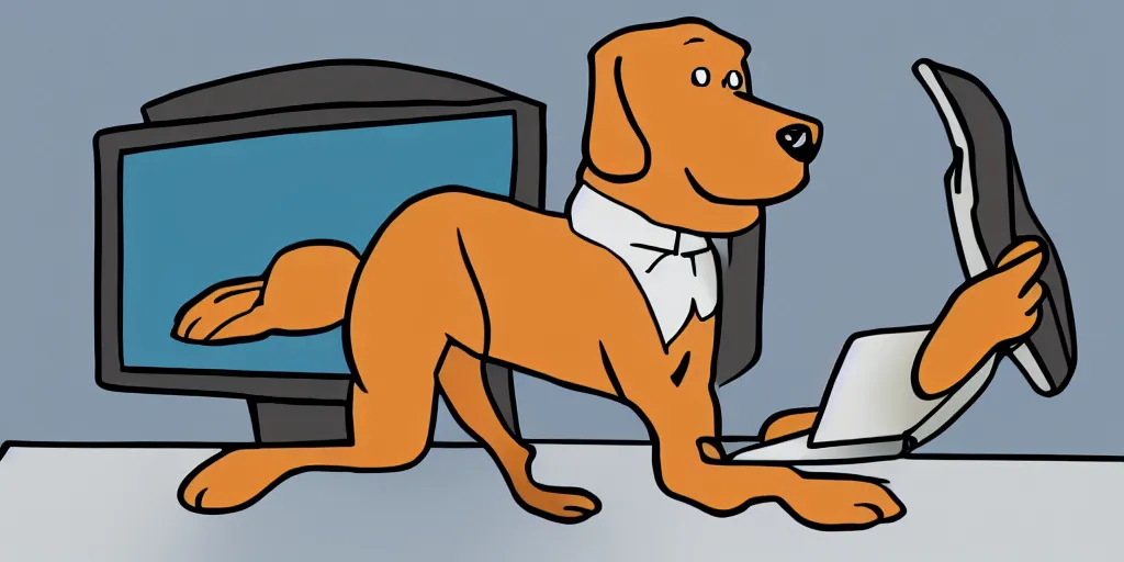 Prompt: cartoon illustration of a dog with its hind leg raised over a laptop computer