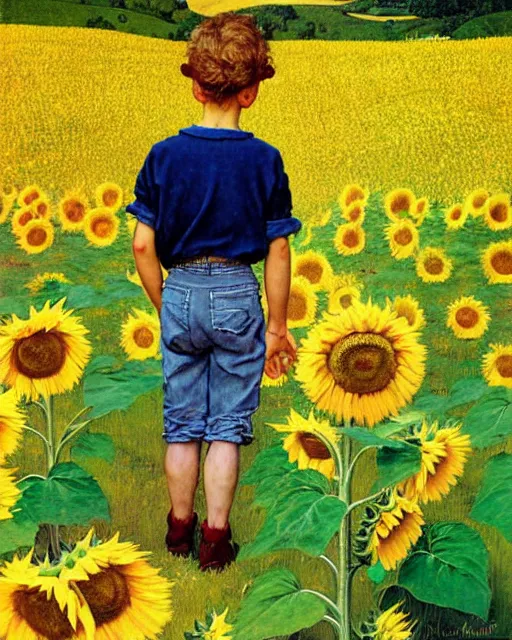 Image similar to boy standing on a hill looking down into the valley of sunflower fields, hills, cliffs, yellow sunflowers flower boy album cover by norman rockwell