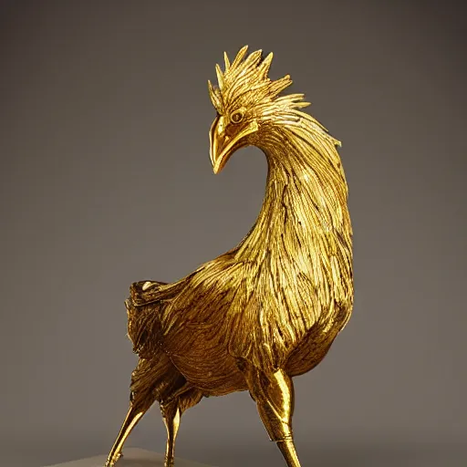 Image similar to a golden rooster sculpture presented in a museum, realistic, ultra high detail, 8 k.