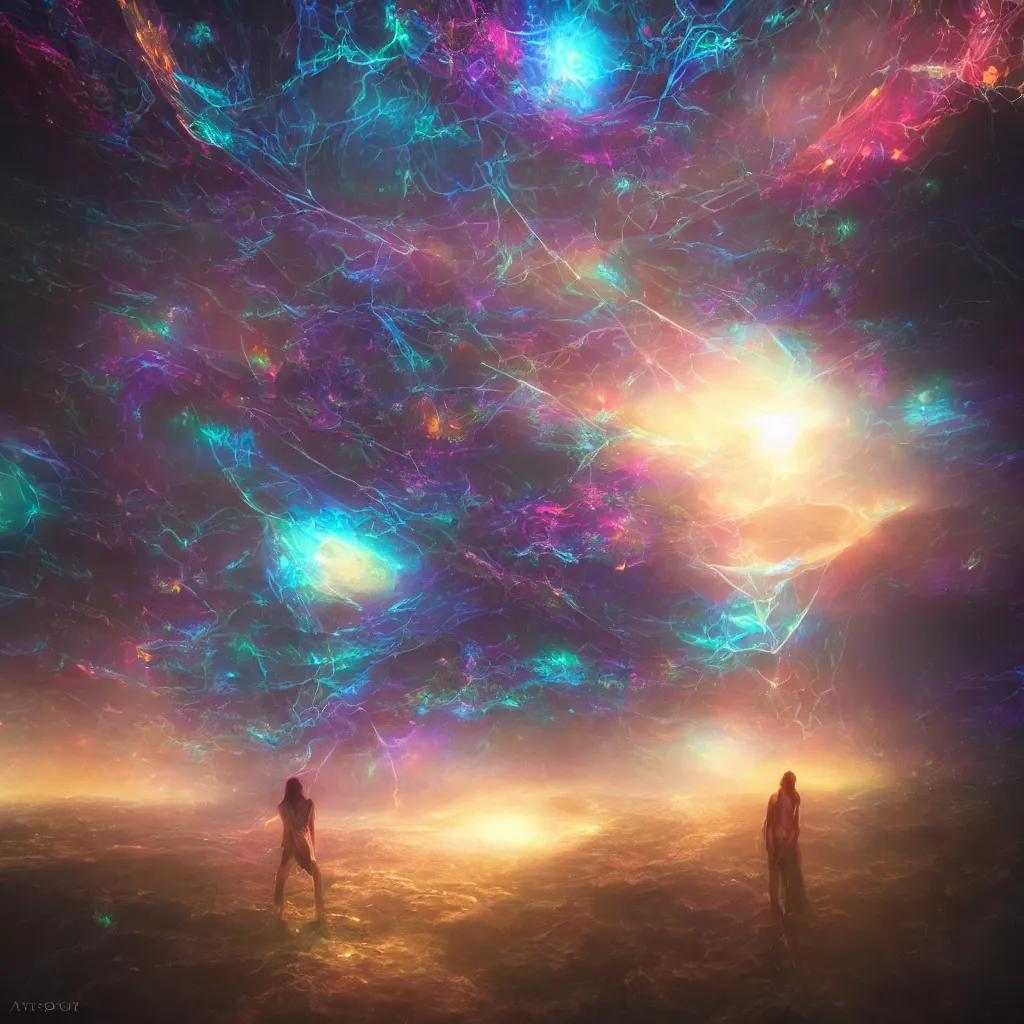 Image similar to letting go of reality and experiencing the opalescent web of interconnectedness between all things. matte painting comic book art, cinematic, highly detailed, realistic, beautiful cosmic neural network, octane render, unreal engine, depth of field, trending on artstation, sharp focus, philosophical splashes of colors