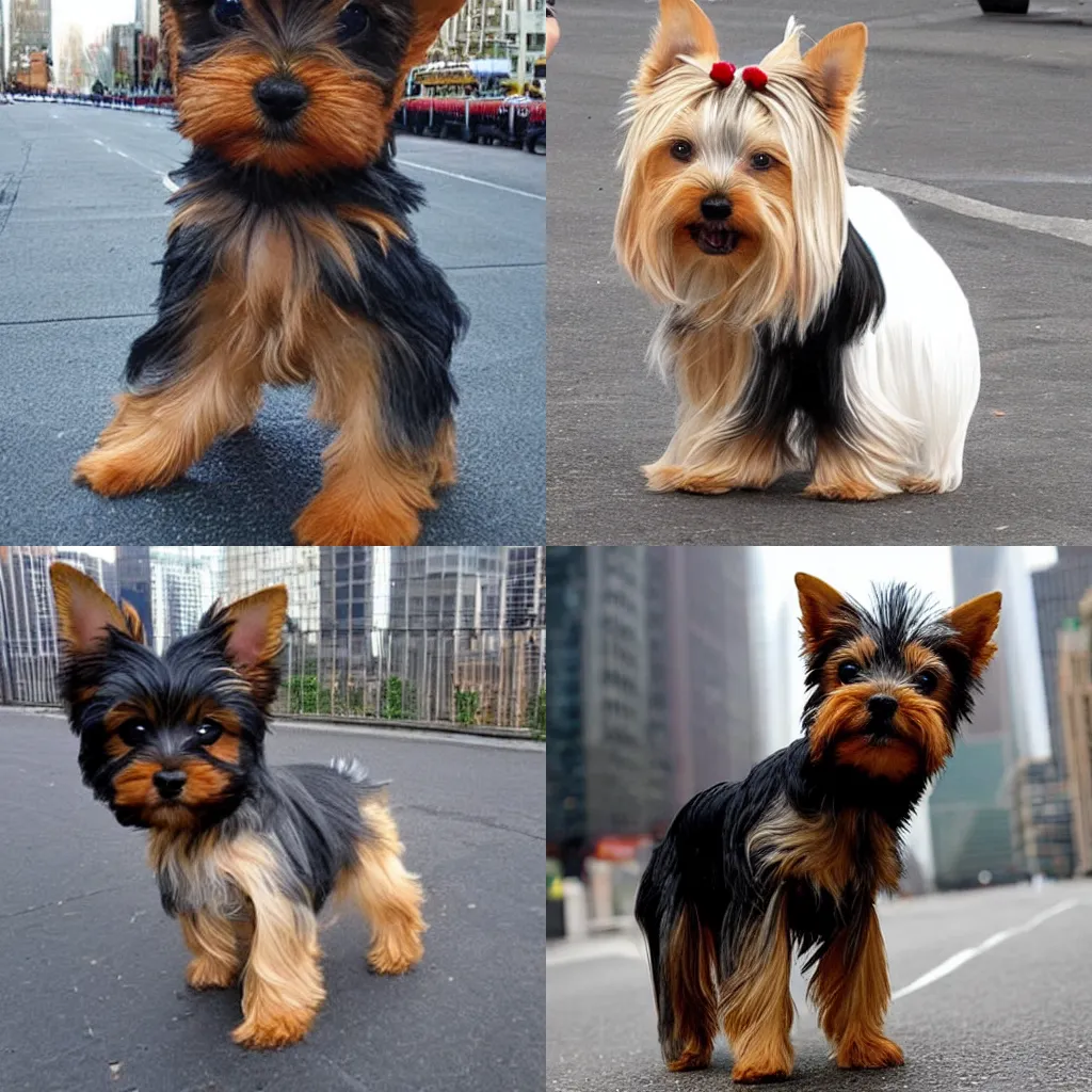Prompt: colossal yorkshire terrier puppy which is as tall as buildings attacking new york city