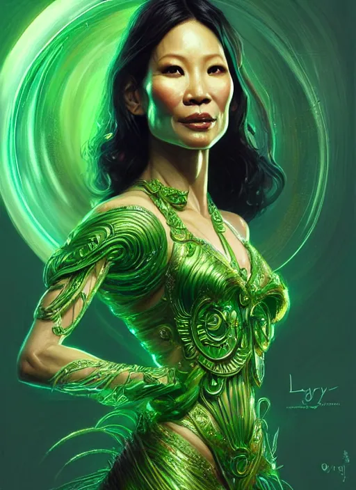 Image similar to lucy liu as green goddess, intricate, elegant, glowing lights, highly detailed, digital painting, artstation, full figure, glamor pose, concept art, smooth, sharp focus, illustration, art by artgerm and greg rutkowski, artey freytag