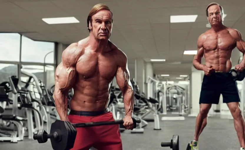 Image similar to muscular Saul Goodman working out, movie still, photorealistic