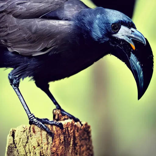 Prompt: mixture between a!!!! human and crow, photograph captured in a forest