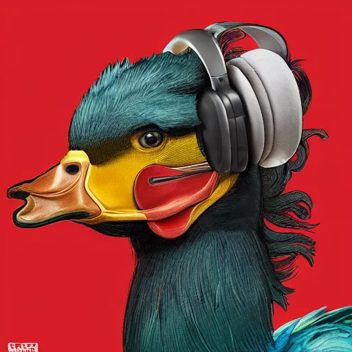 Prompt: epic cinematic hyperrealism masterpiece where a duck with a rapper rooster crest appears with headphones. realistic poster with shaded lighting by craig mallismo, artgerm, jeremy lipkin and michael garmash, unreal engine, radiant light, detailed and complex environment, digital art, art station trends