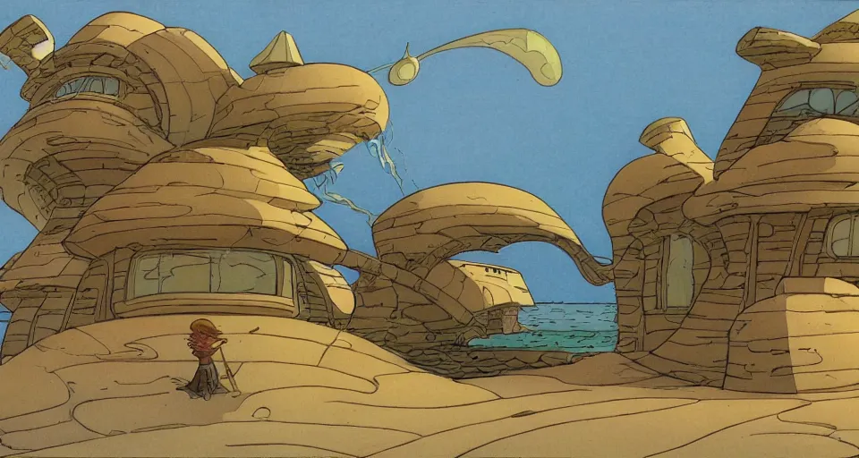 Prompt: seashell - shaped house, by moebius, ralph mcquarrie, in the style of zelda windwaker