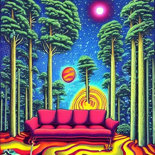 Image similar to psychedelic trippy couch pine forest, planets, milky way, sofa, cartoon by rob gonsalves