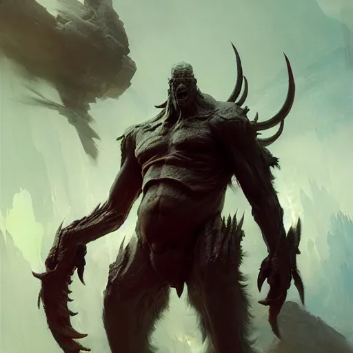 Image similar to giant humanoid monster, sharp focus, illustration, highly detailed, digital painting, concept art, matte, art by ruan jia and wlop and greg rutkowski, masterpiece