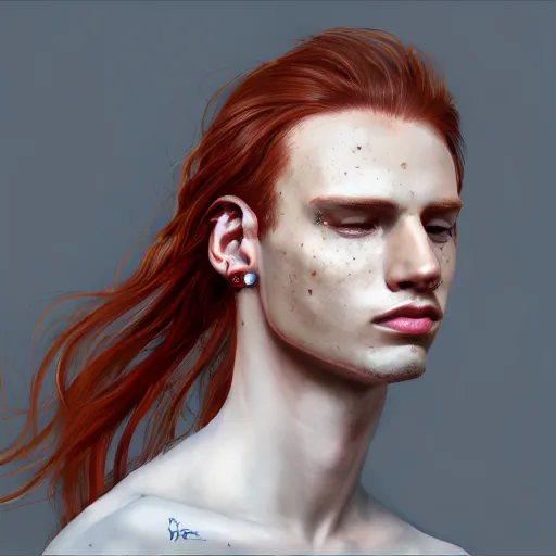 Image similar to portrait of a thin young man with long red hair, ponytail, a lot of freckles on his face, an earring, intricate, elegant, glowing lights, highly detailed, digital painting, artstation, concept art, smooth, sharp focus, illustration