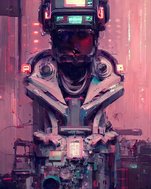 Image similar to neon surgery machine cyberpunk futuristic, reflective engine, decorated with traditional ornaments in a white room with piles of garbage by ismail inceoglu dragan bibin hans thoma, perfect face, fine details, realistic shaded, fine - face, pretty face