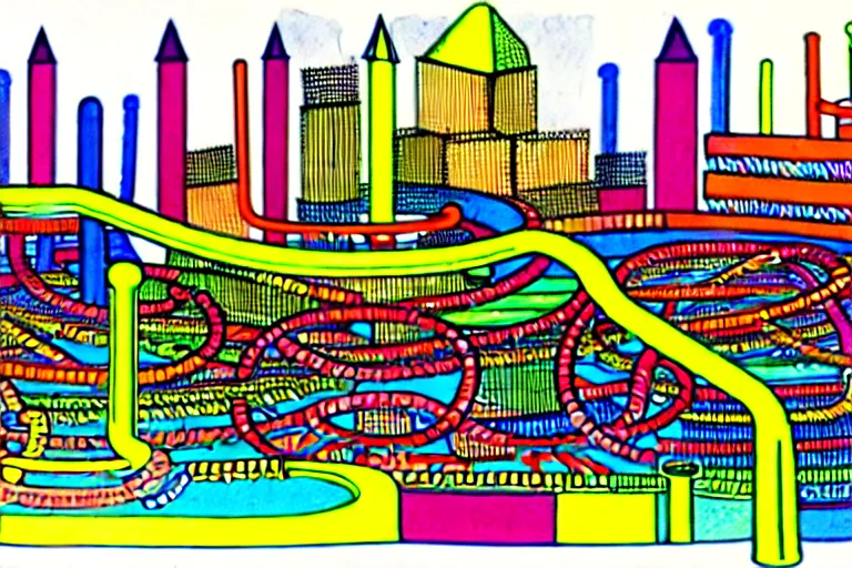 Image similar to an elaborate penned child illustration of a colorful intricate connected city of tubes and pipes, by martin handford and by jan van haasteren