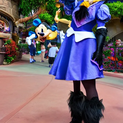 Image similar to high quality photo of a disneyland costumed character being rude to park guests, high definition