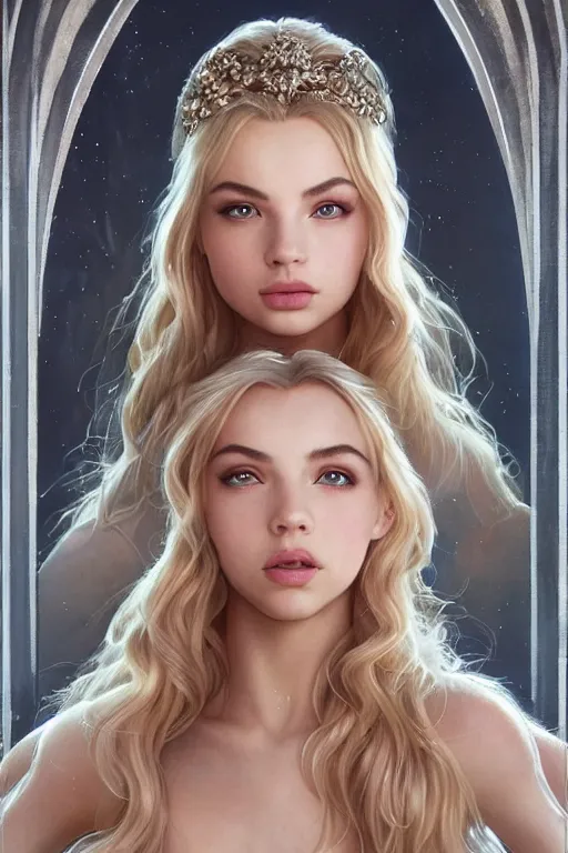 Image similar to ultra realistic illustration, a stunningly beautiful greek goddess of ecstasy played by jordyn jones and dove cameron and margot robbie and taylor swift and megan fox and natalie dormer, intricate, elegant, highly detailed, digital painting, artstation, concept art, smooth, sharp focus, illustration, art by artgerm and greg rutkowski and alphonse mucha