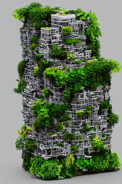 Image similar to 3 d printed physical model organic flowy including more than one city into one vertical building model that sits on a table in a room with a viewand lights in the back, multiple stories, transparent, with vegetation, colorful, eye - level view, 8 0 k, octane render, highly detailed 3 d render,