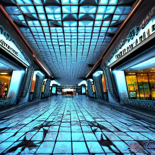 Image similar to hyperrealism computer simulation visualisation of parallel universe mall in surreal scene from art house movie from future by caravaggio rendered in mandelbulb 4 d and blender and octane render