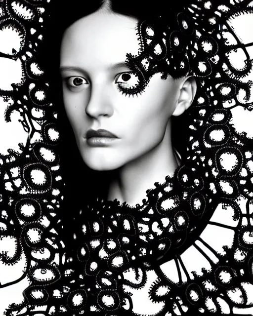 Image similar to surreal black and white photo portrait of complex bio-mechanical beautiful young female vegetal-cyborg with a Mandelbrot fractal metal fine lace face, silver hair, 150 mm lens, soft rim light, fine metal floral foliage super big lace collar by Alexander McQueen, high fashion, haute couture, rococo, steampunk, silver filigree details, anatomical, facial muscles, cable wires, microchip, elegant, hyper realistic, octane render, unreal engine, in the style Dora Maar, volumetric lighting, 8k,