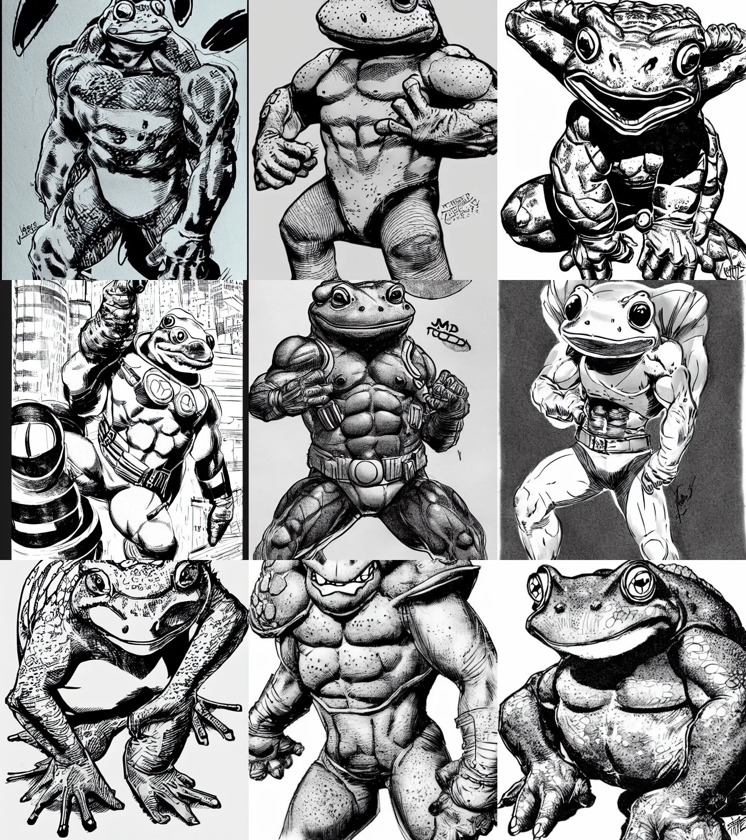 Prompt: toad animal!!! jim lee!!! full shot!! flat grayscale ink sketch by jim lee close up in the style of jim lee, cyborg! cute hunter hulk toad animal looks at the camera by jim lee