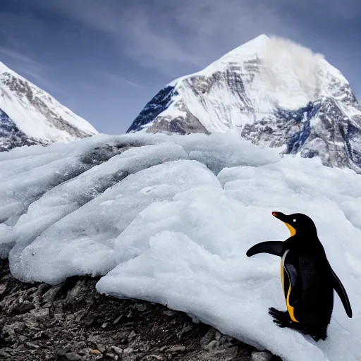 Image similar to penguin climbing the everest, canon eos r 3, f / 1. 4, iso 2 0 0, 1 / 1 6 0 s, 8 k, raw, unedited, symmetrical balance, in - frame