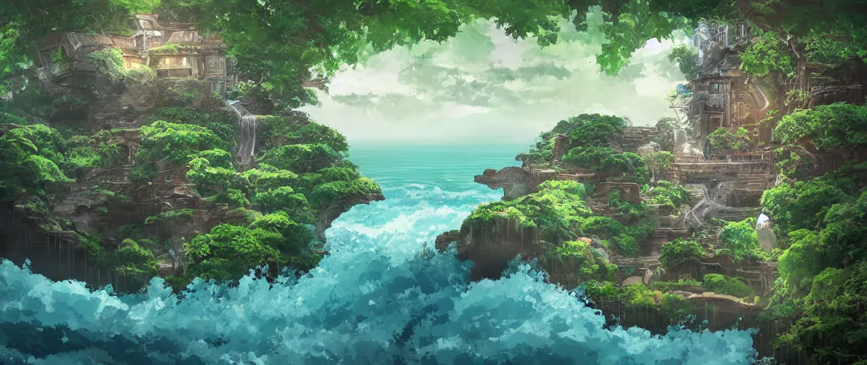 Image similar to a small crumbling island with waterfalls flowing off the island, floating in space, studio ghibli, digital art, detailed, depth of field