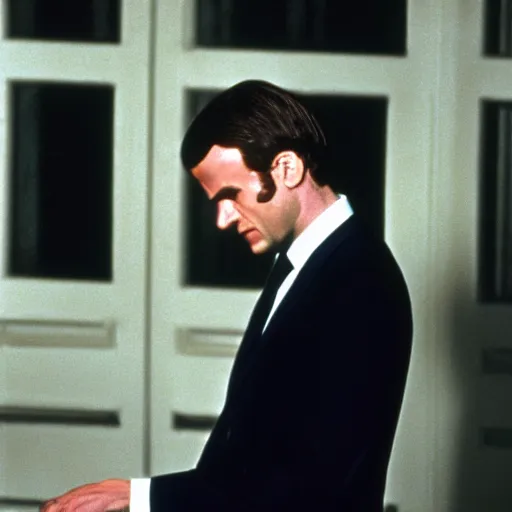 Image similar to Emmanuel Macron crying in American Psycho (1999)