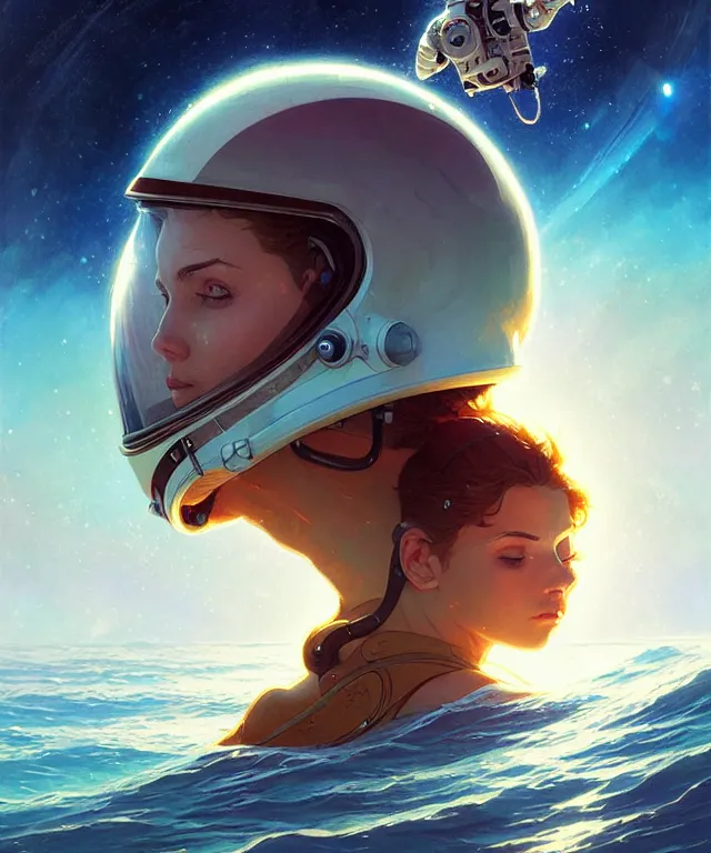 Prompt: Spaceman lost in the ocean, space themed, highly detailed, digital painting, artstation, concept art, smooth, sharp focus, illustration, art by artgerm and greg rutkowski and alphonse mucha