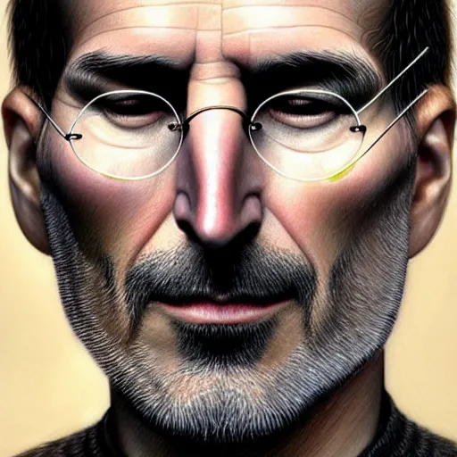 Image similar to face made of many small apples and fruit, steve jobs, fantasy, intricate, elegant, highly detailed, lifelike, photorealistic, digital painting, artstation, illustration, smooth, sharp focus, art by scott davidson, albert aublet, krenz cushart, artem demura, mucha