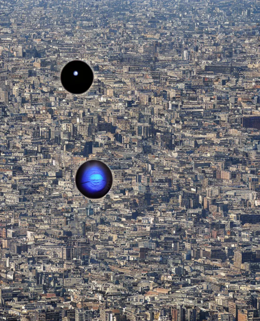 Prompt: Gigantic eyeball watching over a city