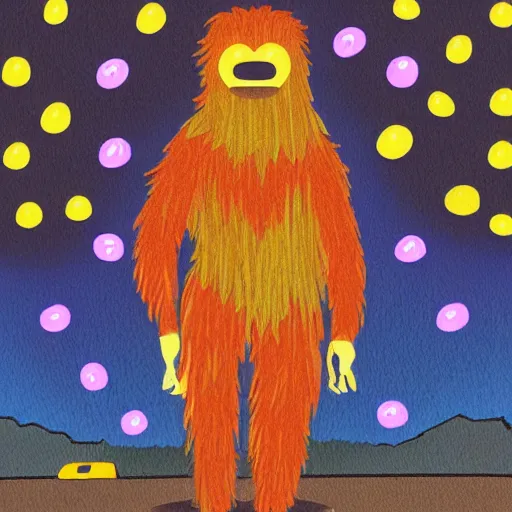 Image similar to sasquatch at the gas station at night, colourful, illustration